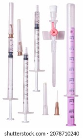 Small Syringes And A Medical Cannula. Accessories For Hospital Nurses.