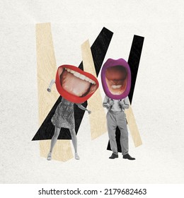 Small Talks. Contemporary Art Collage. Couple, Man And Woman With Big Open Mouths Instead Heads Over Abstract Background. Concept Of Vintage Style, Surrealism, Imagination, Inspiration.