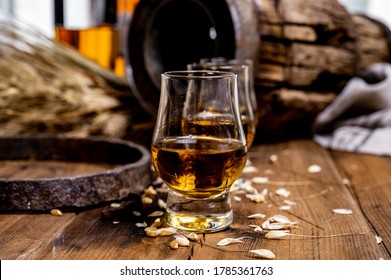 Small tasting glasses with aged Scotch whisky on old dark wooden vintage table with barley grains close up
