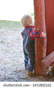 A Small Toddler Boy Wearing Denim Coveralls And A Flannel Shirt Is  Exploring An Old Wooden Red Barn. Leaning On A  Red Painted Post Looking Outside. 