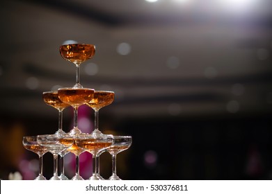 Small Tower Of Champagne's Glass In Wedding Reception Party