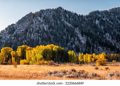 Small Town Of Aspen, Colorado With Rural Countryside Farm Road With Fence At Autumn Winter With Snow, Rocky Mountains In Woody Creek Neighborhood