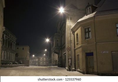 Small Town By Snowy Night