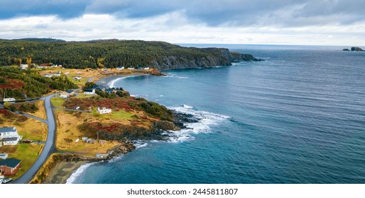 Small Town, Coast on East Coast of Atlantic Ocean. Aerial Nature Background. Sunny Blue Sky. Newfoundland, Canada. - Powered by Shutterstock