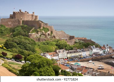 The small town of Gorey with Mont Orgueil Castle, Jersey, UK