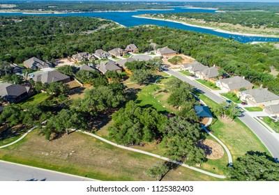 Small Town North Of Austin , Texas . 100% Fossil Fuel Free City In Central Texas. Aerial Drone View Above Real Estate Development Houses And Homes In Suburb Georgetown , Texas View Of Georgetown Lake