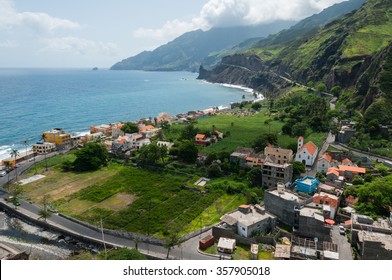 Small Town At Rough Rocky Beach Coastline Of Green Cape Verde Island