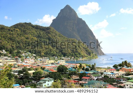Small town Soufriere in Saint Lucia, Caribbean Islands. Soufriere is a town on the West Coast of Saint Lucia. Originally founded by the French it was the original capital of the island.
