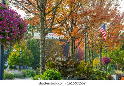 Small Town USA. Main Street USA With Fall Color Foliage And American Flag In Downtown Frankenmuth, Michigan.