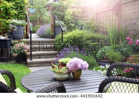 Small townhouse perennial summer garden. Also available in vertical. 