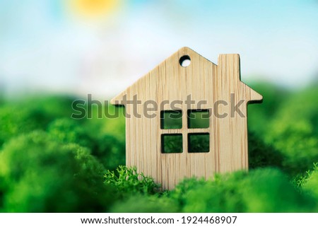 A small toy house on a background of plants as a symbol of a private country house. The concept of real estate in mortgages. copyspace, copy space