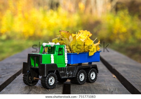 A small toy  truck is loaded with yellow fallen\
leaves. The car stands on a wooden surface against a background of\
a blurry autumn park. Cleaning and removal of fallen leaves.\
Seasonal works