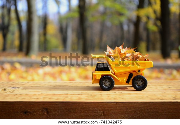A small toy yellow truck is loaded with yellow\
fallen leaves. The car stands on a wooden surface against a\
background of a blurry autumn park. Cleaning and removal of fallen\
leaves. Seasonal works
