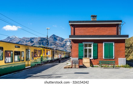 Small Train Station In Swiss Alps  Of  Jungfrau Region.