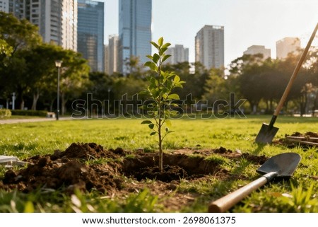 A small tree sapling is newly planted in fresh soil in a city park surrounded by green grass and modern high-rise buildings at sunset.