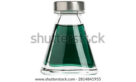 Small triangular glass bottle with silver cap filled with green liquid