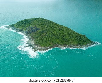 Small Tropical Island From Above Drone Shot, Ocean Around, Laguna Inside,Thailand.