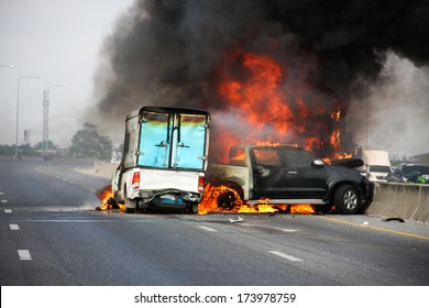 Small Truck With Truck Caps Car Explosive Car Crash And Catch Fire On Motorway