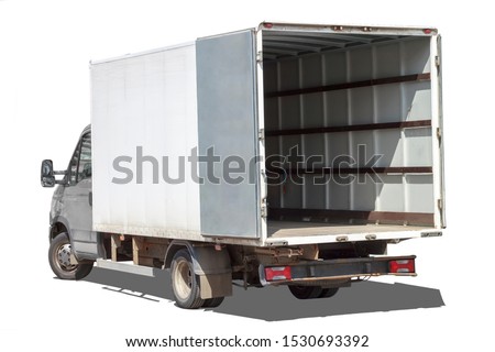 small truck with red cab stands with open empty body ready for loading cargo. ?lipping path is included