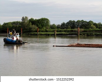 Small Tug Boat Hauls Raw Logs On Fraser River, BC, Canada