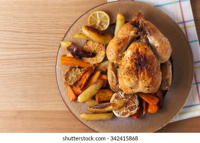  Small Turkey And Vegetables,from Above And Blank Space. Christmas Dinner Or Thanksgiving Day Concept