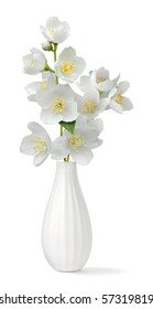 Small vase with bunch of jasmine flowers isolated on white background