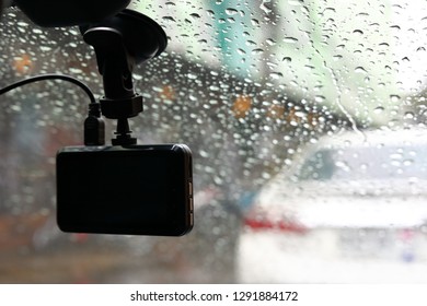 Small Video Camera Record Inside Motor Vehicle On Windshield, Drive Car Road Trips In Rainny Day Weather