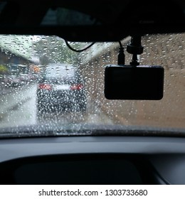 Small Video Camera Record Inside Motor Vehicle On Windshield, Drive Car Road Trips In Rainny Day Weather