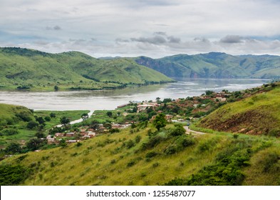 Small village in green hills at Congo River, Democratic Republic of Congo, Africa.