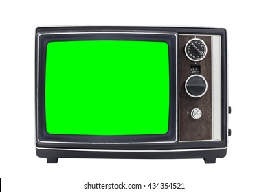 Small Vintage Portable Television With Chroma Green Screen.  