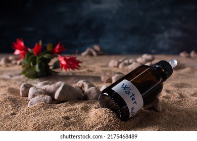 Small Water Container With Dropper Dispenser Lying On Desert Sand With Cactus Plant Against Leaden And Menacing Sky Background.Planetary Water Crisis, Water Rationing, Drought. Desertification.