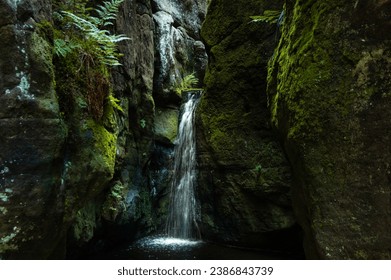 Small waterfall on moss covered black rocks, Adrspach rocks, Czech Republic - Powered by Shutterstock