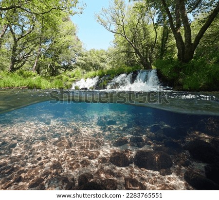 Small waterfall on a river, over and under water surface, split level view, Spain, Galicia, Rio Verdugo