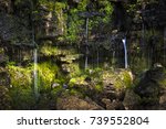 Small waterfall over moss covered rocks with sunshine. Hilton Falls conservation area, Ontario, Canada.