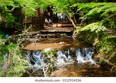 SMALL WATERFALL IN SPRING BETWEEN SHADOWY TREES SCENIC VIEW