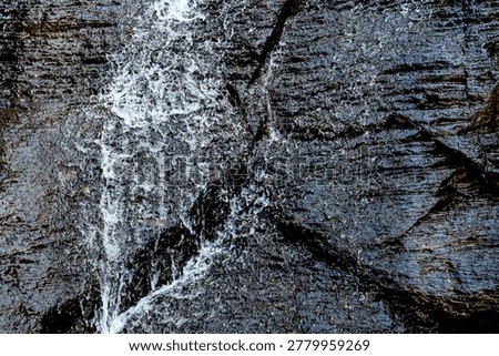 Small waterfall stream flowing down textured dark rocks in tropical forest setting.