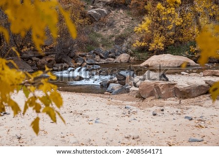 A small waterfall in the Virgin River with autumn trees and steep cliffs in the background at Zion National Park, Utah.