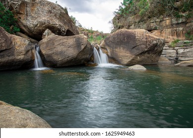 Small Waterfalls In Gorge Pools, Injisuthi Campsite, Central Drakensberg, South Africa. Small Natural Pools, A Babbling Brook And Smooth Waterfalls