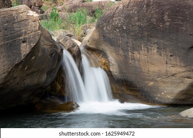 Small Waterfalls In Gorge Pools, Injisuthi Campsite, Central Drakensberg, South Africa. Small Natural Pools, A Babbling Brook And Smooth Waterfalls