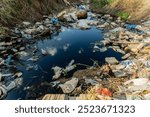 A small waterway is heavily polluted with plastic waste and debris, reflecting the surrounding greenery under daylight. The scene highlights environmental issues faced by rural areas