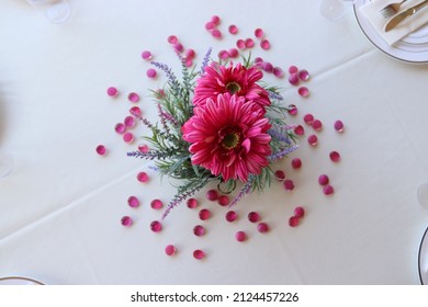 Small Wedding  Table Decor. Pink Flower And Glass Beads