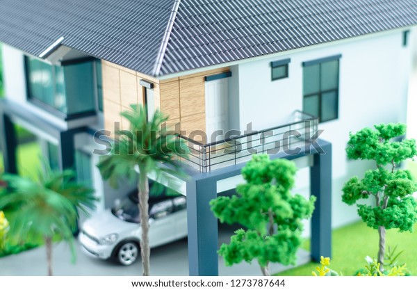 Small white car, house model elements.Car\
model.Small model of\
house.