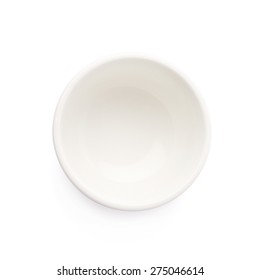 Small White Ceramic Bowl Isolated Over The White Background, Top View Above Foreshortening