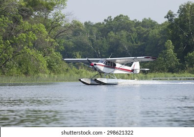 A small white floatplane lands on a Minnesota lake in summer