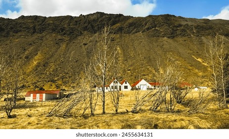 Small white houses with red roofs at the foot of the mountains in Iceland. Green slopes of volcanic mountains, landscapes of the Golden Circle of Iceland. - Powered by Shutterstock
