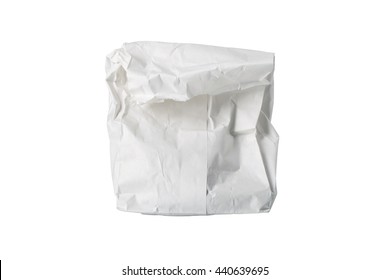 A Small White Paper Bag, Wrinkled, Possibly For Fast Food, Folded, Isolated.