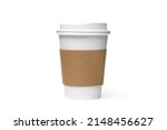 Small White Paper Cup of Coffee with brown Sleeve and Lid Isolated on white background with Shadow