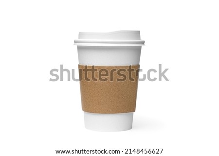 Small White Paper Cup of Coffee with brown Sleeve and Lid Isolated on white background with Shadow