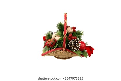 A small wicker basket filled with Christmas decorations. The basket is filled with pine branches, red berries, pine cones, and various Christmas ornaments. - Powered by Shutterstock