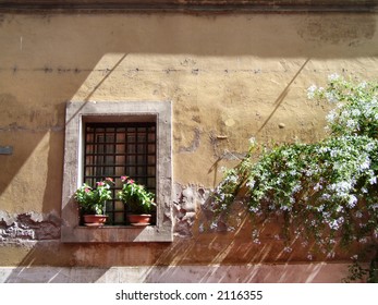 Small window with flower pots. Old Italian architecture in Rome.